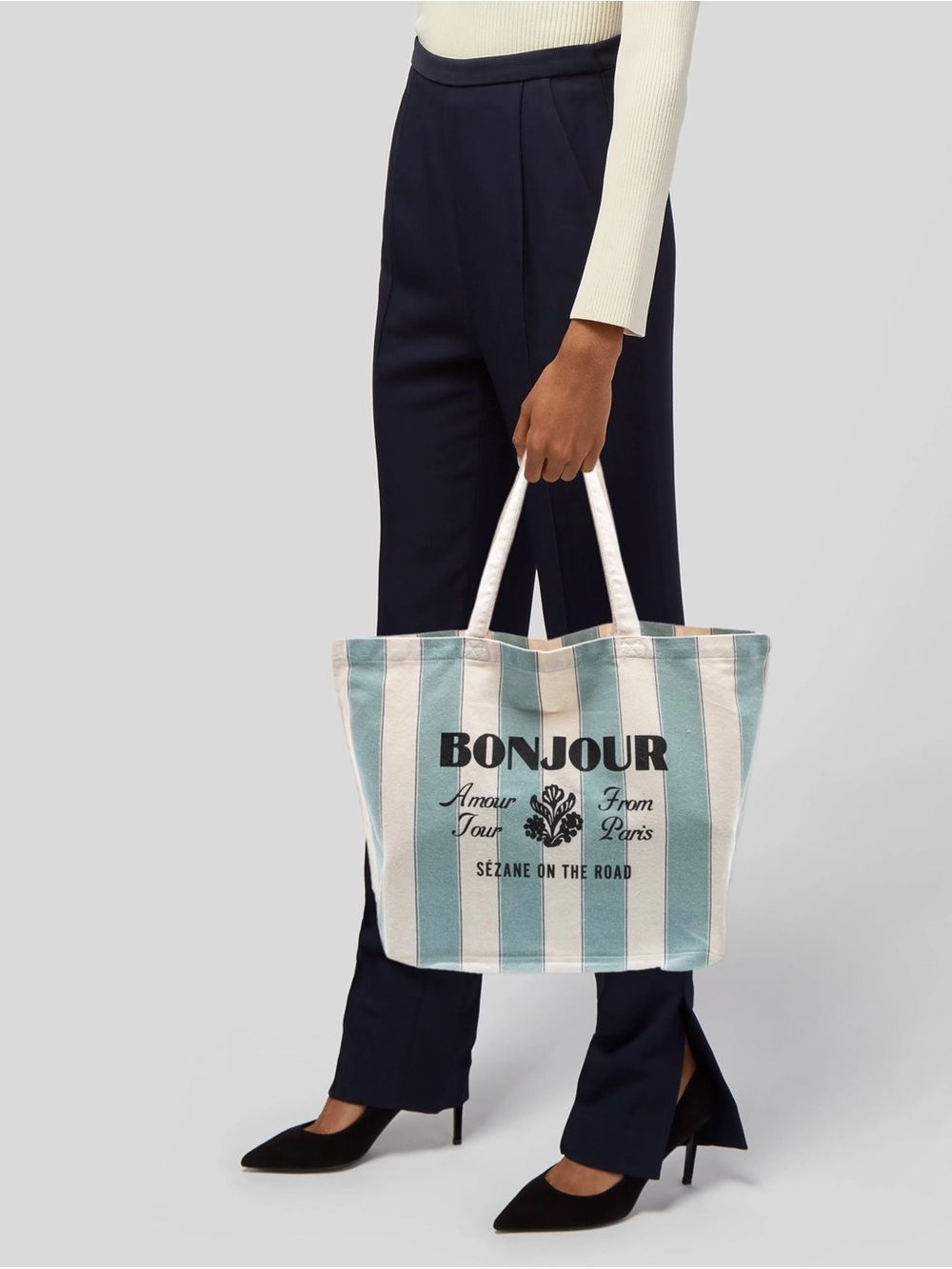 NWOT Sezane Striped 'Bonjour' Canvas Tote Bag in Light Blue and White